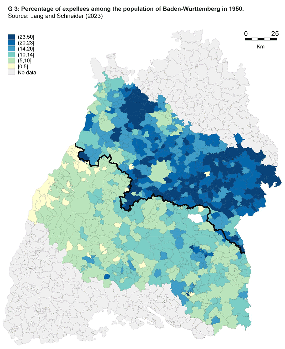 Enlarged view: G 3: Percentage of displaced persons among the population of Baden-Württemberg in 1950.