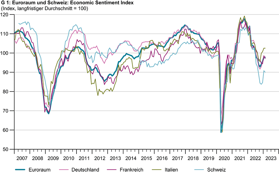 Vergrösserte Ansicht: G 1: Euroraum und Schweiz: Economic Sentiment Index