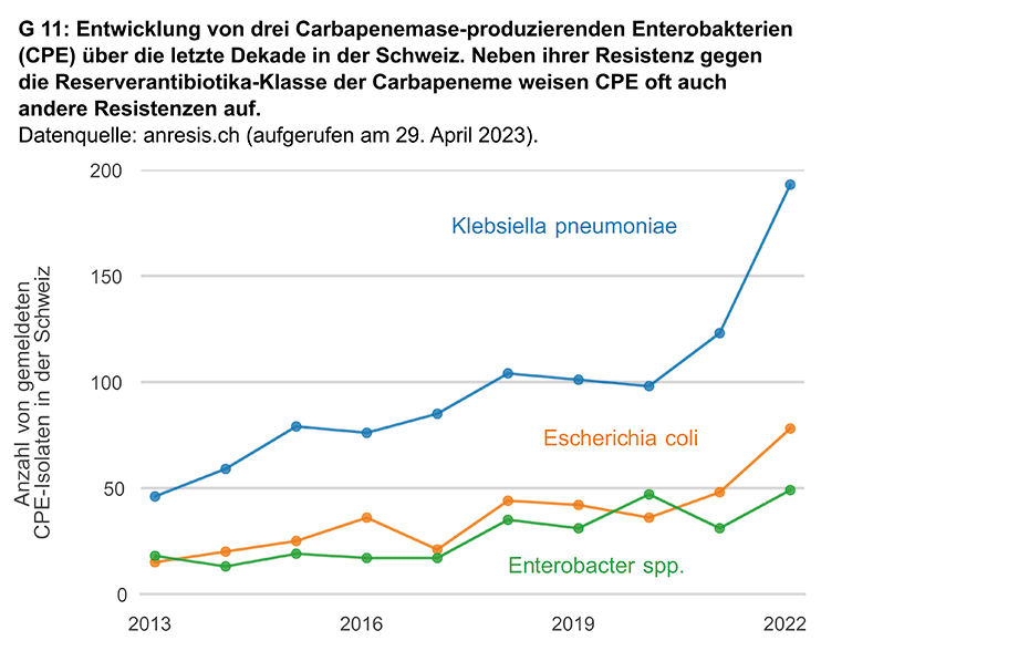 Vergrösserte Ansicht: G 11: Entwicklung von drei Carbapenemase-produzierenden Enterobakterien (CPE) über die letzte Dekade in der Schweiz. Neben ihrer Resistenz gegen die Reserverantibiotika-Klasse der Carbapeneme weisen CPE oft auch andere Resistenzen auf