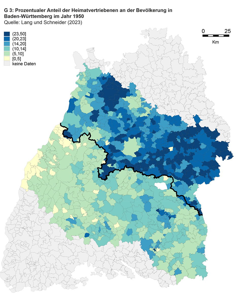 Vergrösserte Ansicht: G 3: Prozentualer Anteil der Heimatvertriebenen an der Bevölkerung in Baden-Württemberg im Jahr 1950